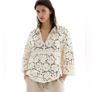 H&M Edition Cream Ivory Cotton Crochet Knit Boho Semi Sheer 3/4 Sleeve Top XS